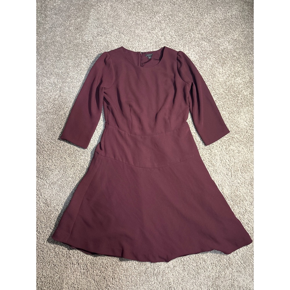 Ann Taylor Burgundy Crepe Fit and Flare Dress 3/4 Sleeve Size 6
